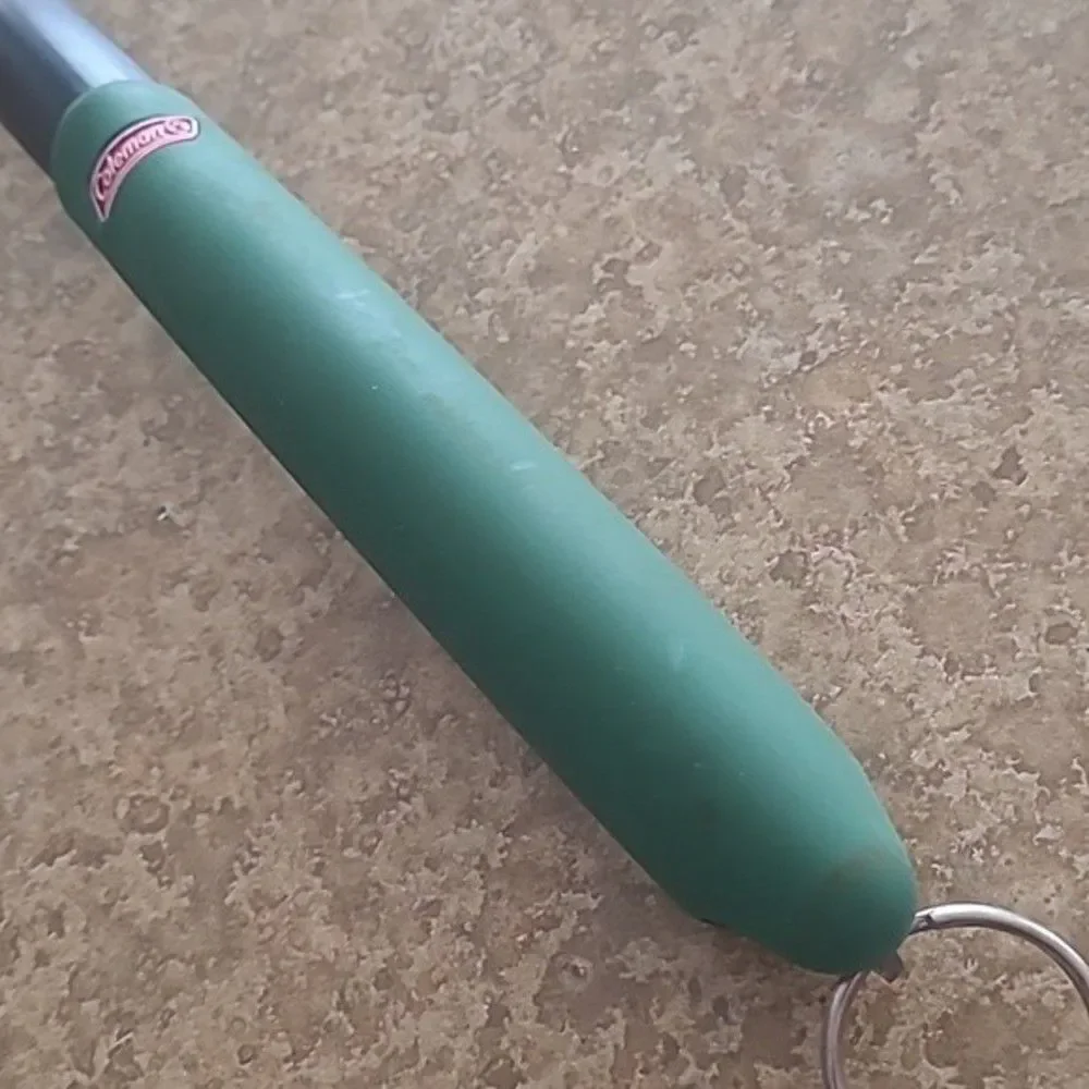 Meat Fork Coleman BBQ Grill Tool Green Handle Stainless Steel kitchen vtg